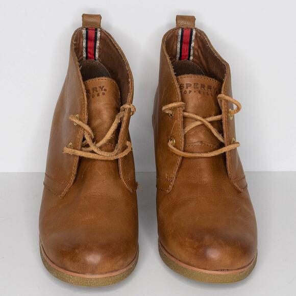 Sperry Ankle Bootie Harlow Wedge Heels Leather Rustic Boho Minimalist Brown 9 AS - Picture 3 of 6